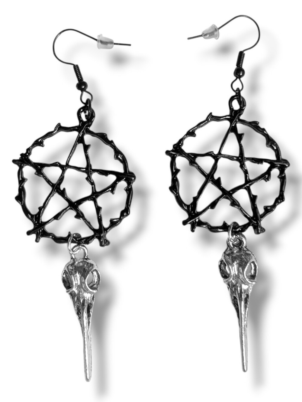 NWT Handmade Black Pentagram Dangly Silver Raven Skull Earrings